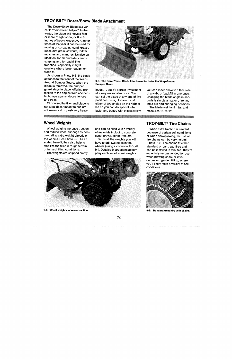 Troy-bilt® dozer/snow blade attachment, Wheel weights, Troy-bilt® tire chains | Troy-Bilt 8 HP User Manual | Page 76 / 84