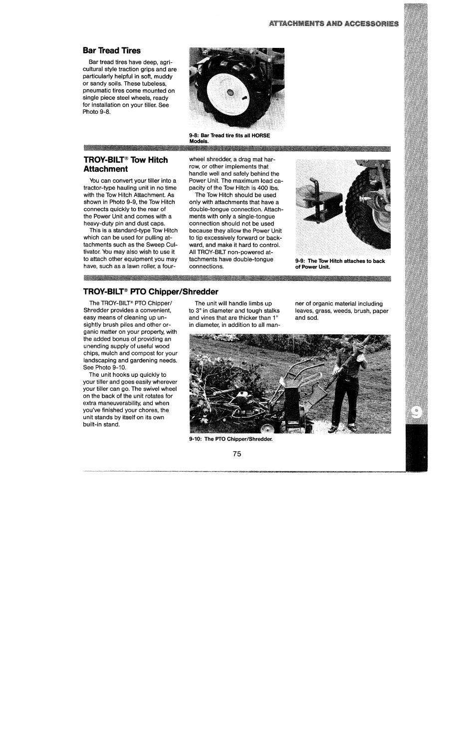 Шштшешт то accessories, Bar tread tires, Troy-bilt® tow hitch attachment | Troy-bilt® pro chipper/shredder, Шштшешт, Accessories | Troy-Bilt 8 HP User Manual | Page 77 / 84