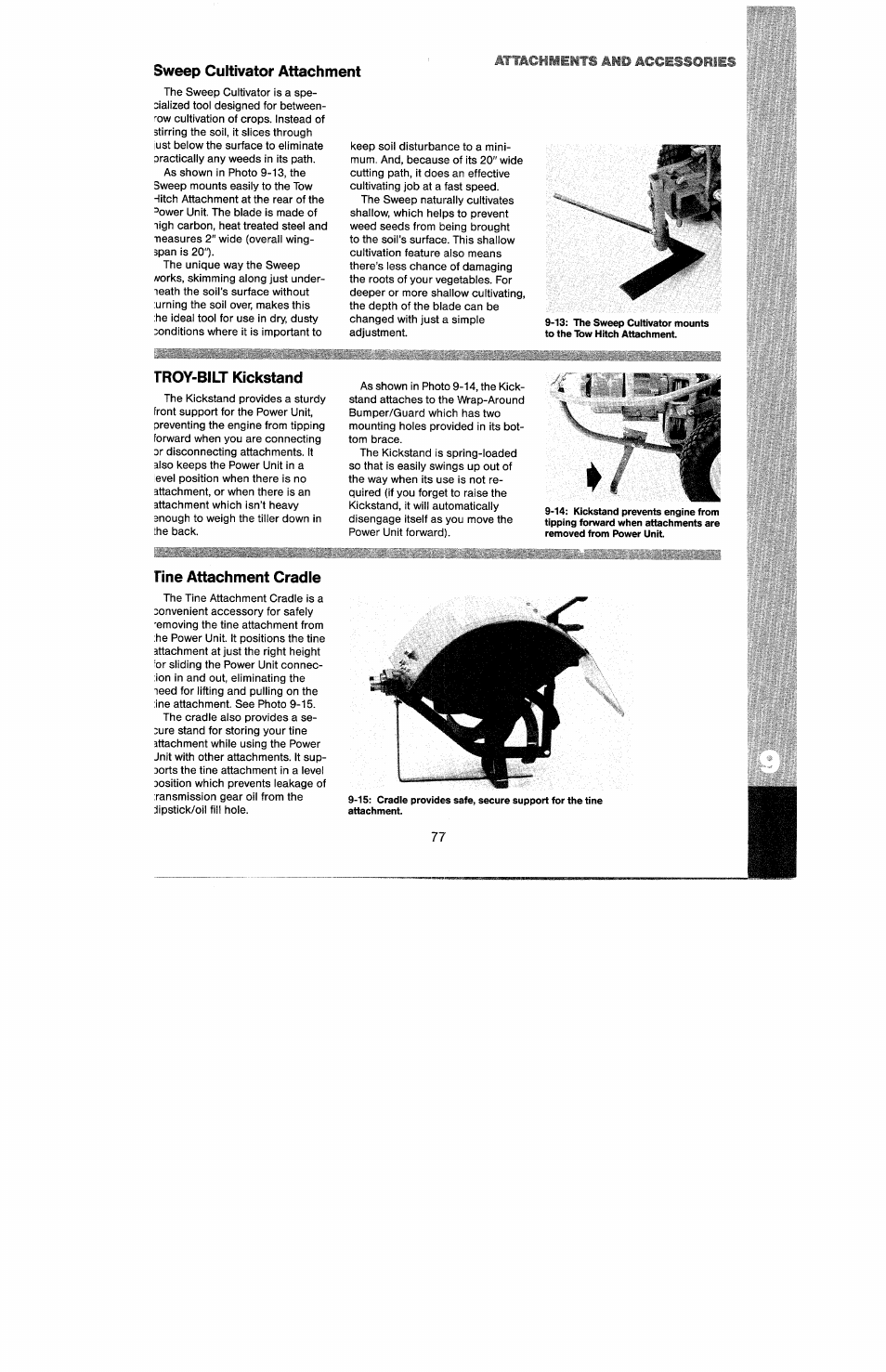 Sweep cultivator attachment, Froy-bilt kickstand, Tine attachment cradle | Attachments amd accessories | Troy-Bilt 8 HP User Manual | Page 79 / 84