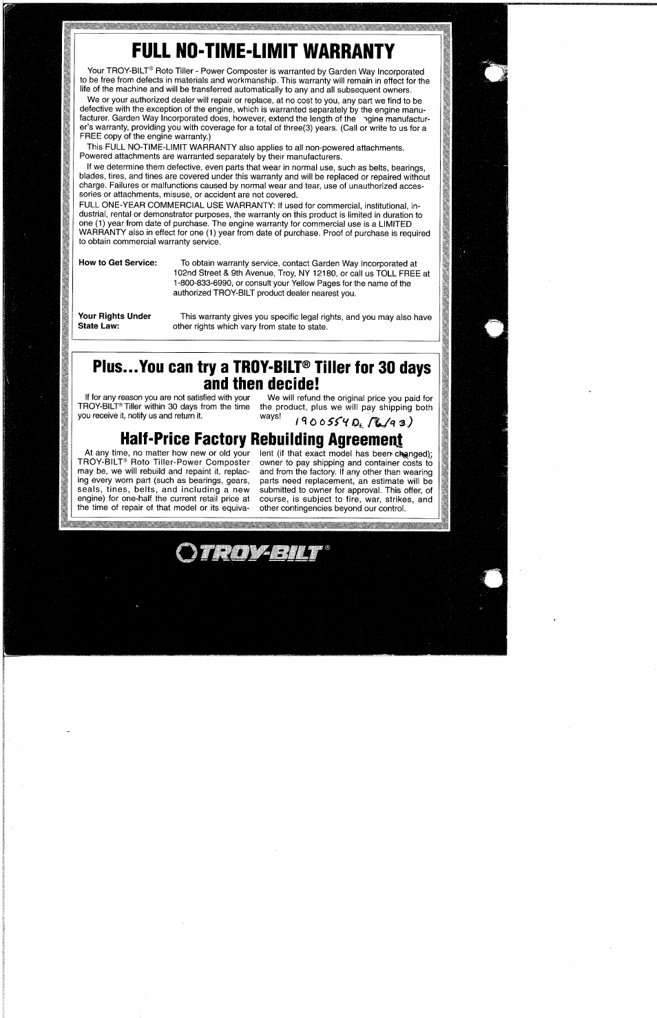 Full no-time-limit warranty, W-mtlt, Half-price factory rebuiiding agreemeiu | Ow to get service, Ur rights under | Troy-Bilt 8 HP User Manual | Page 84 / 84