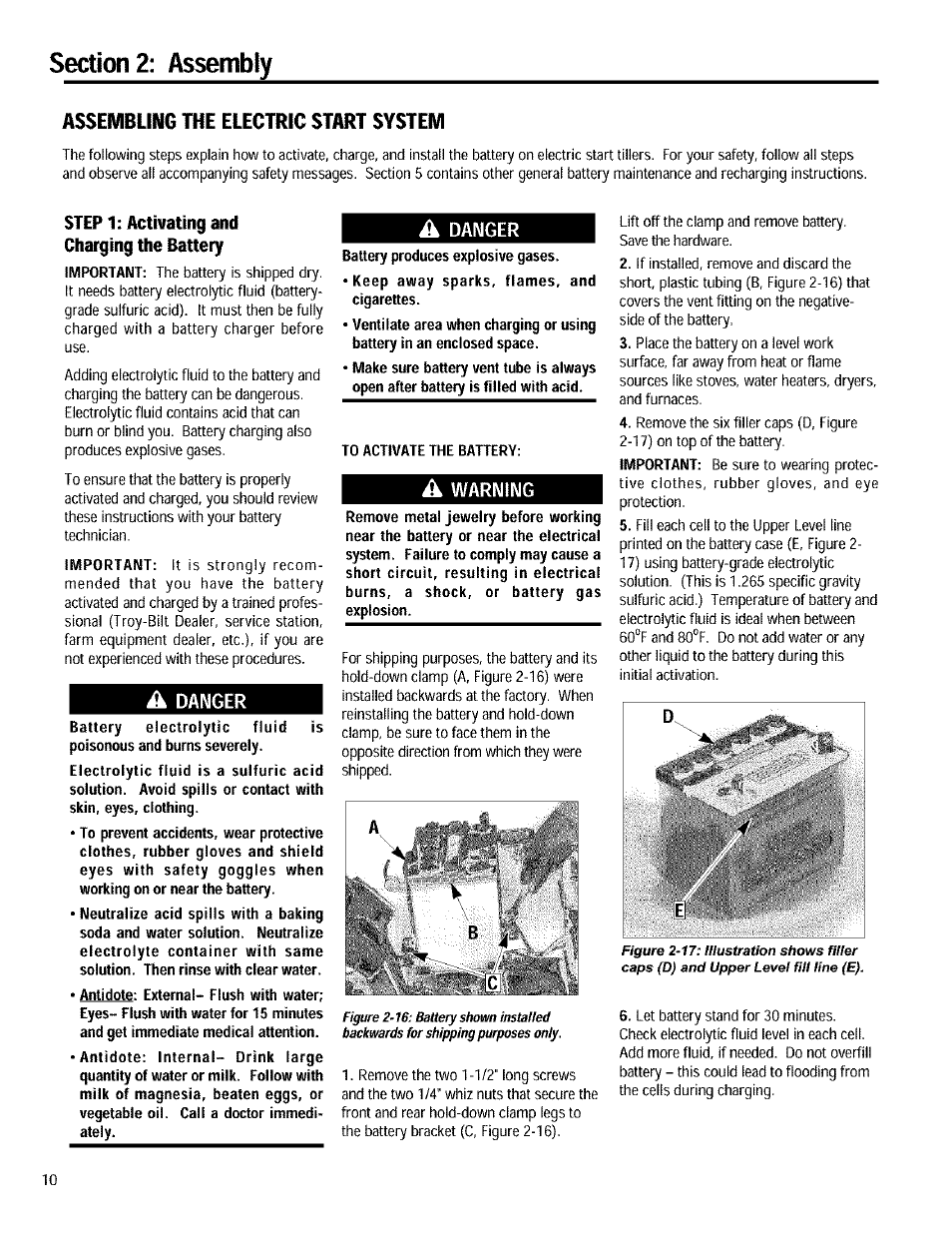 Assembling the electric start system, Step 1: activating and charging the battery, À danger | A danger, A warning | Troy-Bilt 12090 User Manual | Page 10 / 64