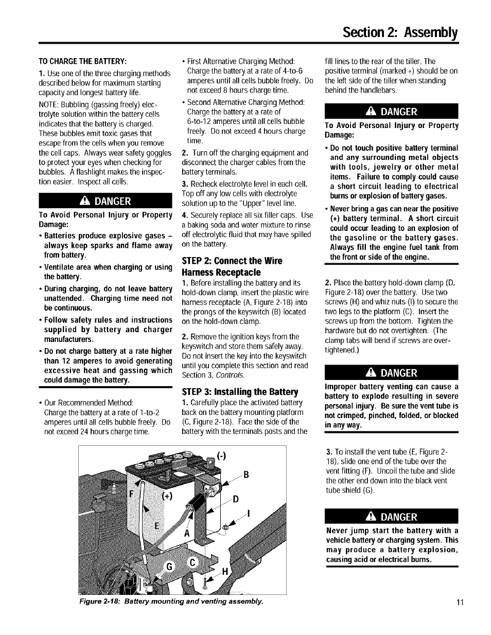 A danger, Step 2: connect the wire harness receptacle, Step 3: installing the battery | Troy-Bilt 12090 User Manual | Page 11 / 64