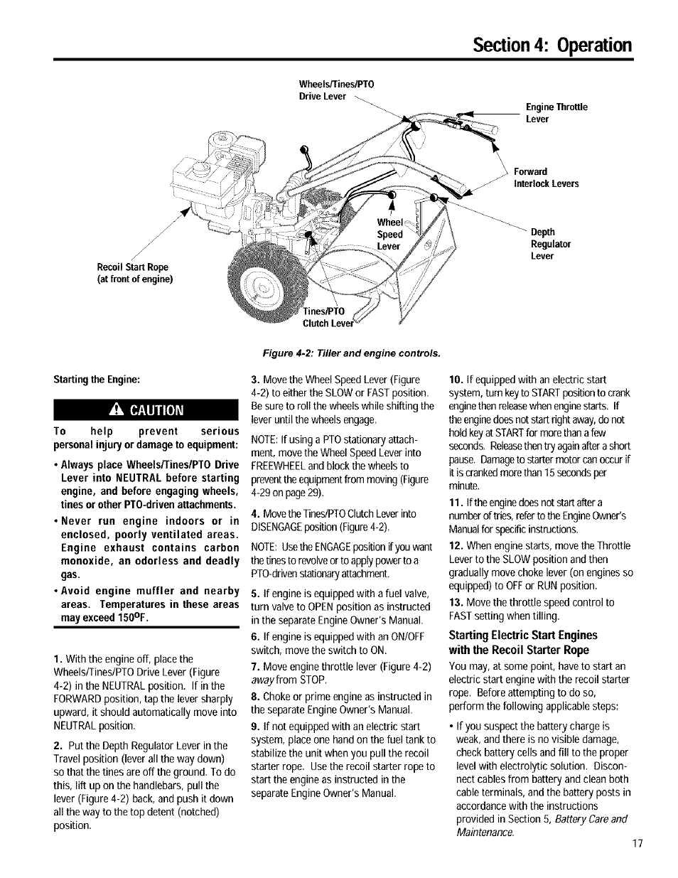 A caution, Starting the engine | Troy-Bilt 12090 User Manual | Page 17 / 64