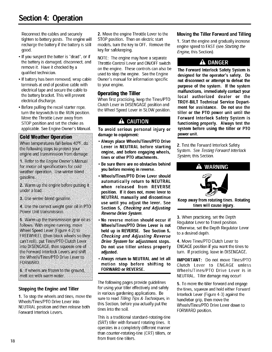 Operating the tiller, A caution, A danger | A warning, Ïrn&itigfrwîéw, Important | Troy-Bilt 12090 User Manual | Page 18 / 64