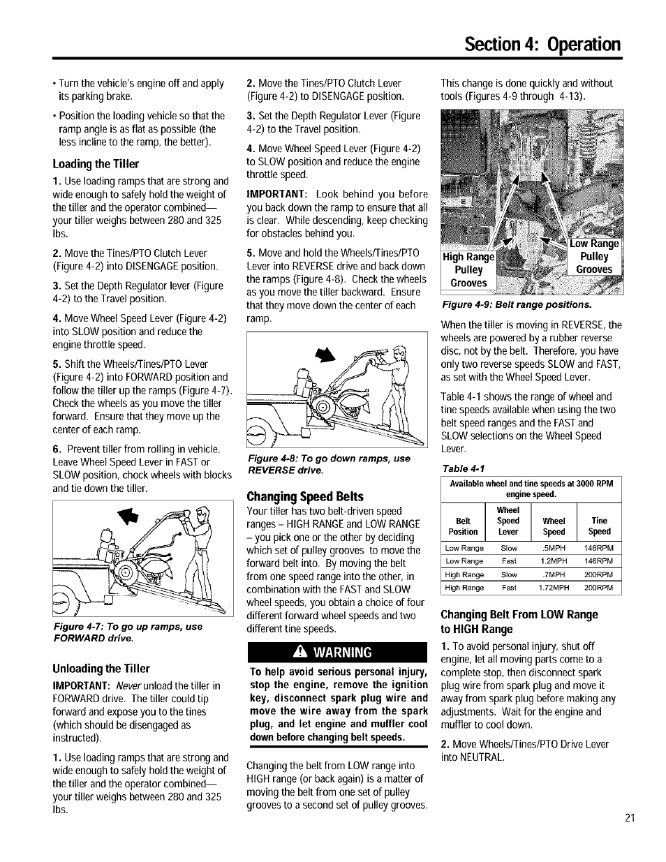 Changing speed belts, A warning, Changing speed beits | Important | Troy-Bilt 12090 User Manual | Page 21 / 64