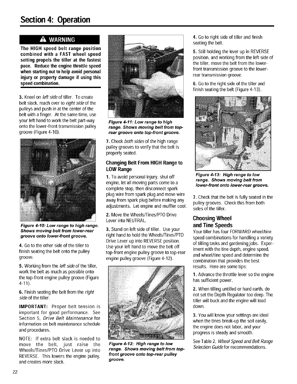 A warning, Choosing wheel and tine speeds, Important | Troy-Bilt 12090 User Manual | Page 22 / 64