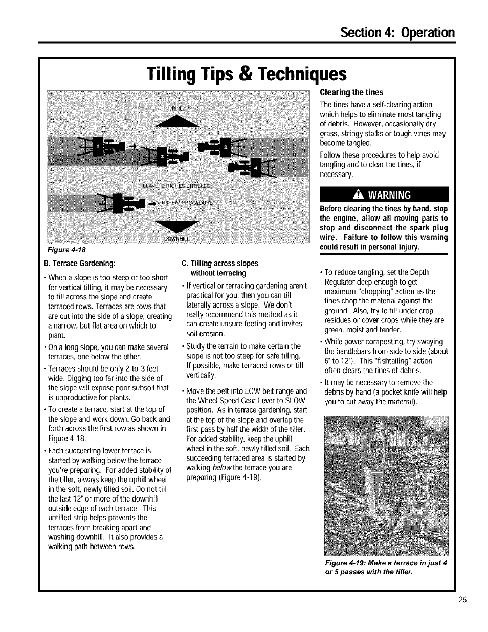 A warning, Tilling tips & techniques, B. terrace gardening | C. tilling across slopes without terracing | Troy-Bilt 12090 User Manual | Page 25 / 64