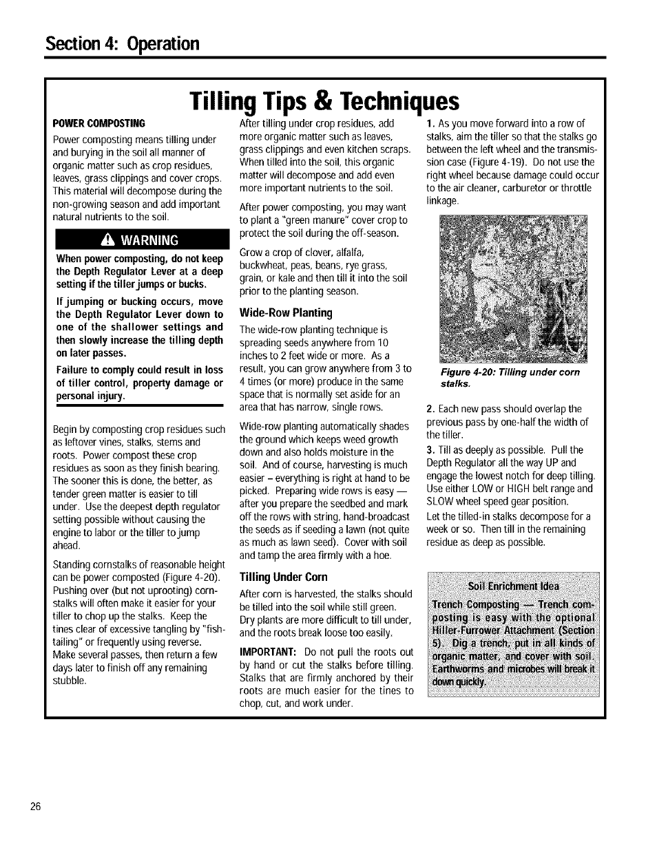 A warning, Tilling tips & techniques, Tr^n#icc^|i | Warning, Important, Soil enrichment idea | Troy-Bilt 12090 User Manual | Page 26 / 64