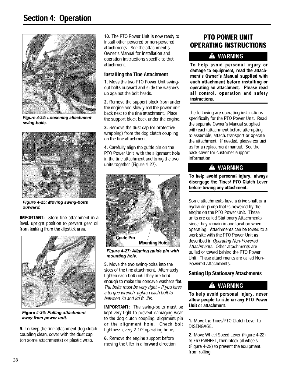 Pto power unit operating instructions, A warning, Warning | Important | Troy-Bilt 12090 User Manual | Page 28 / 64