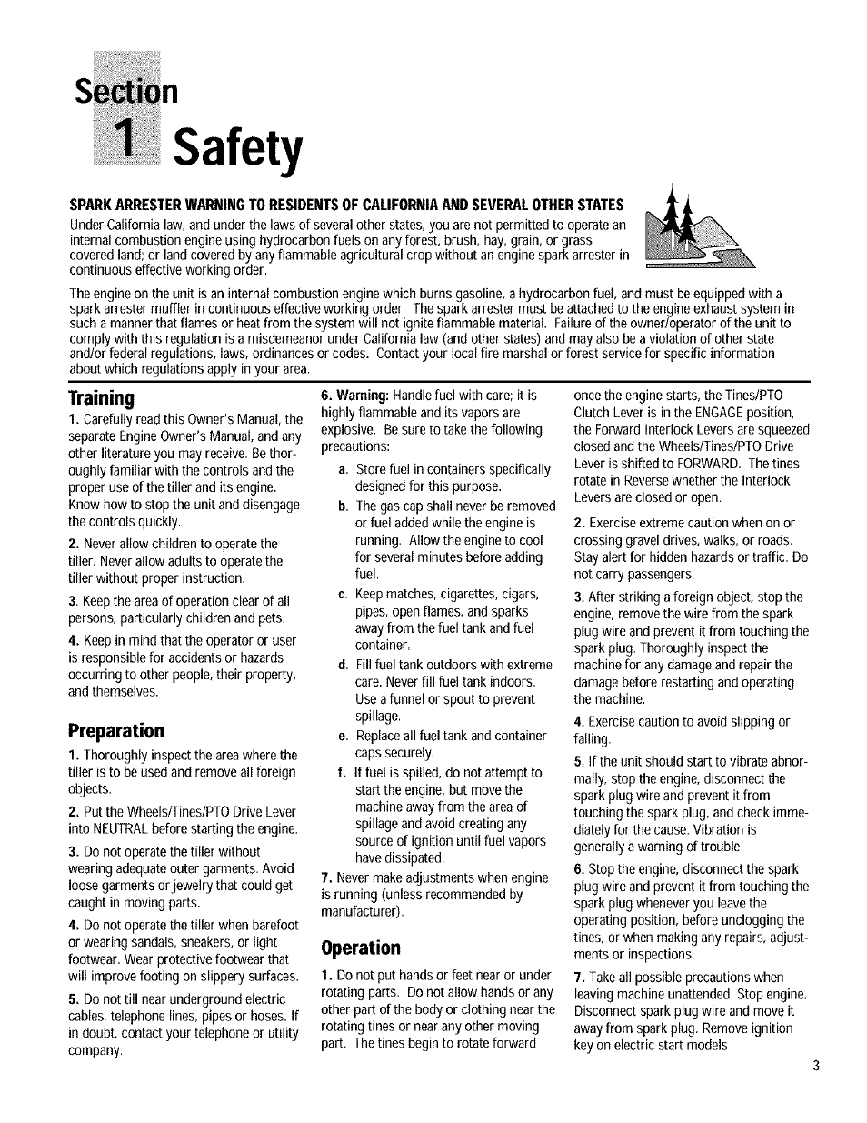 1 safety, Training, Preparation | Operation, Warning | Troy-Bilt 12090 User Manual | Page 3 / 64