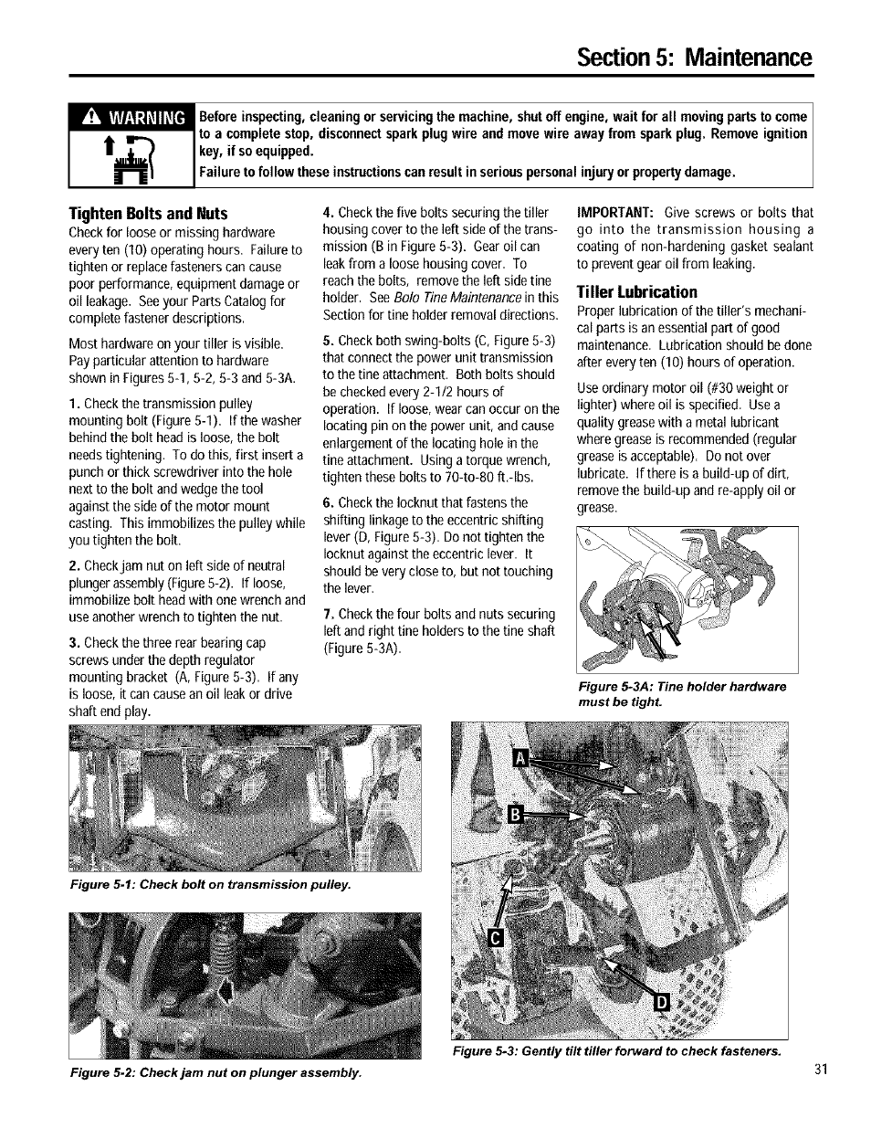 Tighten bolts and nuts, Tiller lubrication, Tighten bolts and nuts tiller lubrication | Important | Troy-Bilt 12090 User Manual | Page 31 / 64