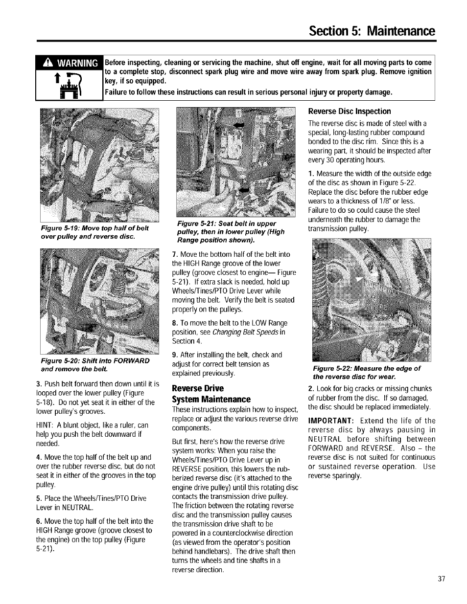 Reverse drive system maintenance, Reverse disc maintenance | Troy-Bilt 12090 User Manual | Page 37 / 64