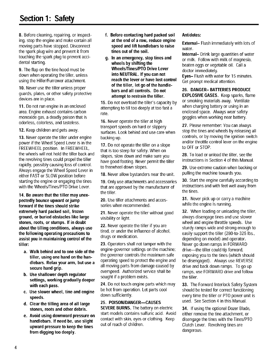 Poison/danger—causes severe burns, Antidotes: externa, Internal | Eyes, Danger- batteries produce explosive gases | Troy-Bilt 12090 User Manual | Page 4 / 64