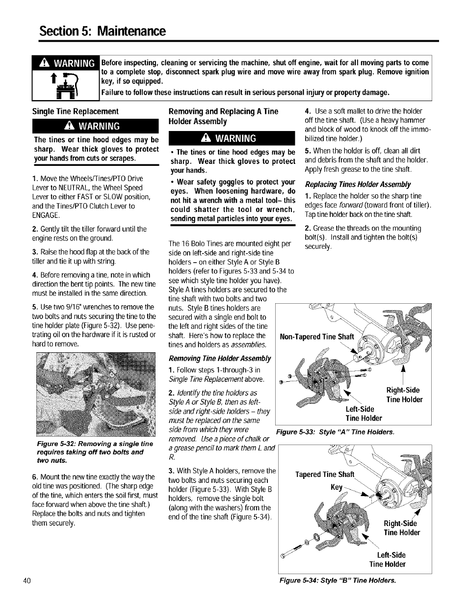 A warning, Non-tapered tine shaft, Right-side tine holder left-side tine holder | Troy-Bilt 12090 User Manual | Page 40 / 64