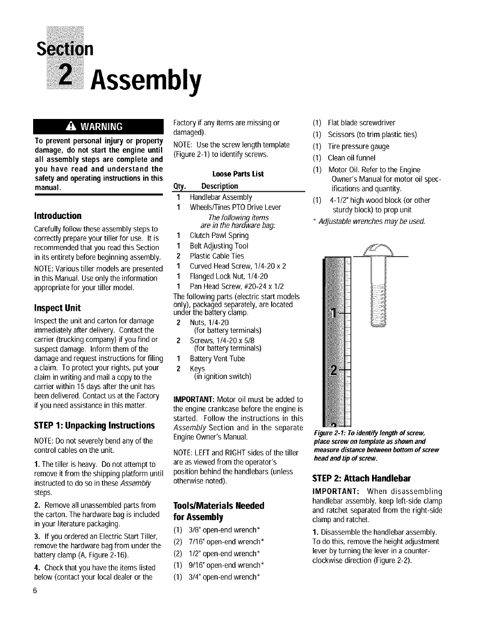 Assembly, A warning, Introduction | Inspect unit, Step 1; unpacking instructions, Tools/materials needed for assembly, Step 2: attach handlebar, L(h>se parts list qty. description, Important | Troy-Bilt 12090 User Manual | Page 6 / 64