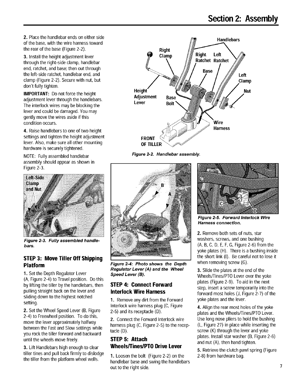 Step 3: move tiller off shipping platform, Step 4: connect forward interlock wire harness, Steps: attach wheels/tines/pto drive lever | Important | Troy-Bilt 12090 User Manual | Page 7 / 64