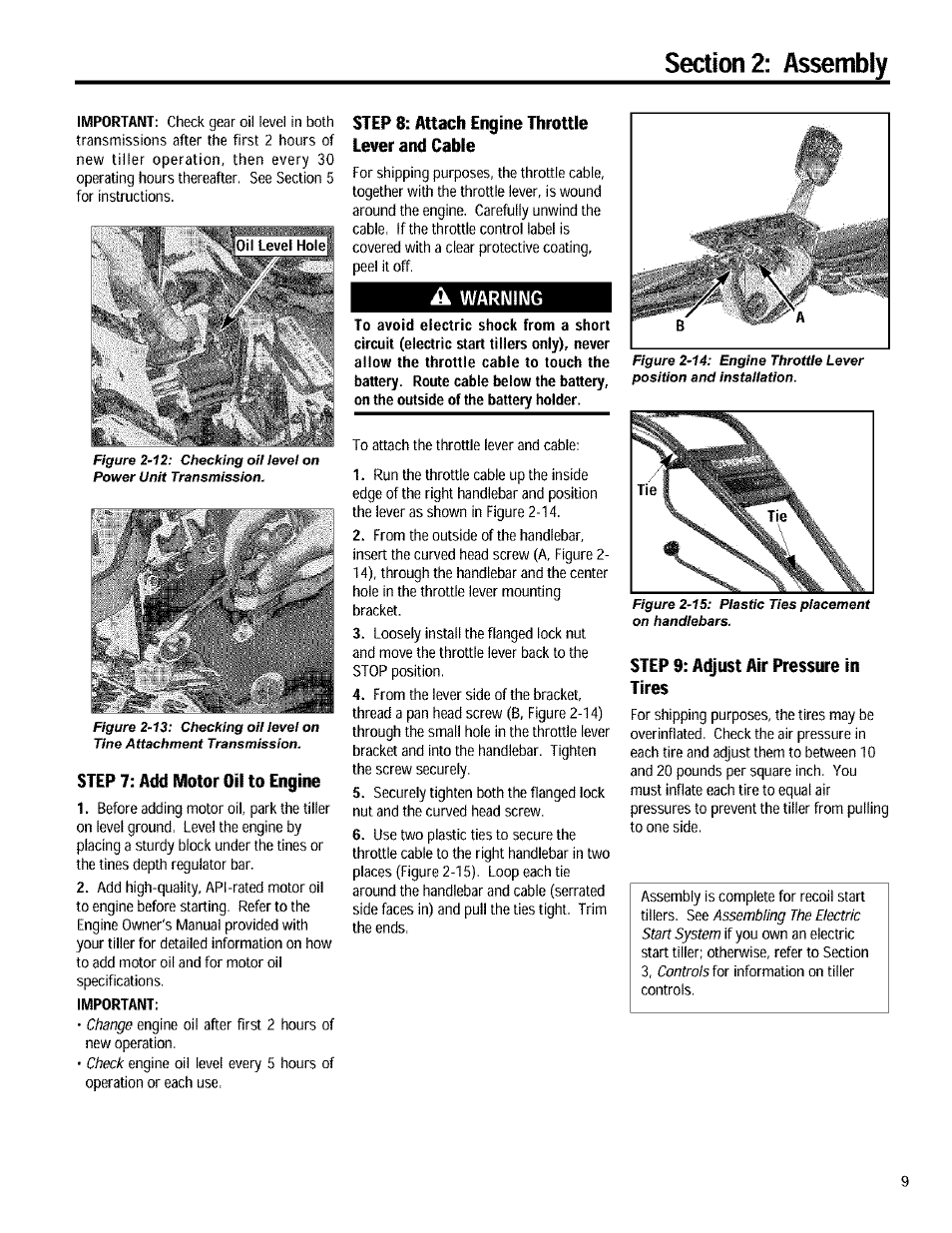 Step 7: add motor oil to engine, Step 8: attach engine throttle lever and cable, A warning | Step 9: adjust air pressure in tires, Important | Troy-Bilt 12090 User Manual | Page 9 / 64