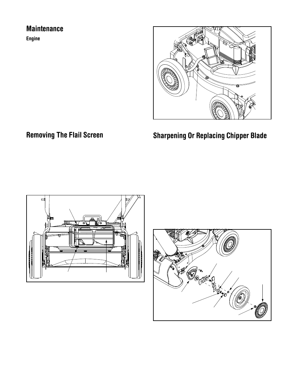 Maintenance, Removing the flail screen, Sharpening or replacing chipper blade | Troy-Bilt 24B-060F063 User Manual | Page 11 / 14