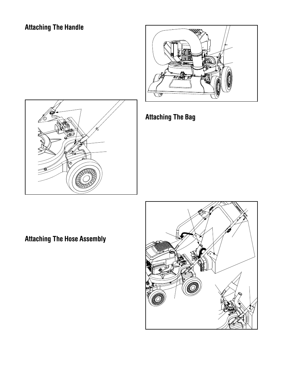 Attaching the handle, Attaching the hose assembly, Attaching the bag | Troy-Bilt 24B-060F063 User Manual | Page 6 / 14