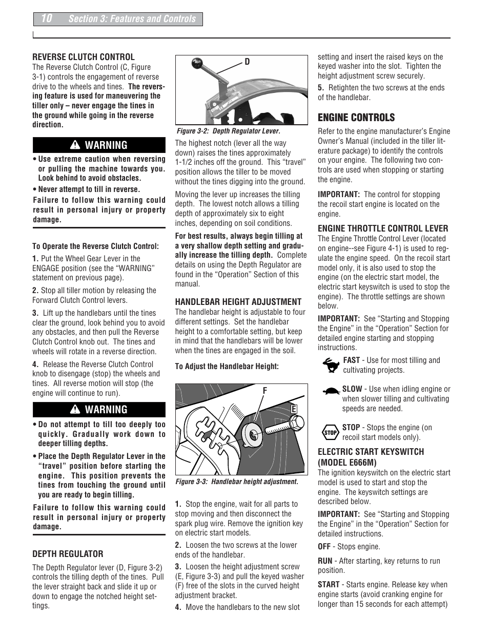 Engine controls, Warning | Troy-Bilt E666M-Pony User Manual | Page 10 / 40