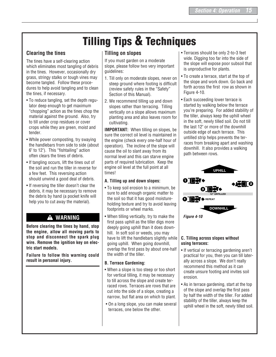 Tilling tips, Techniques, Warning | Troy-Bilt E666M-Pony User Manual | Page 15 / 40