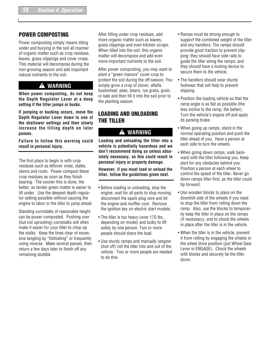 Power composting, Loading and unloading the tiller, Warning | Troy-Bilt E666M-Pony User Manual | Page 16 / 40