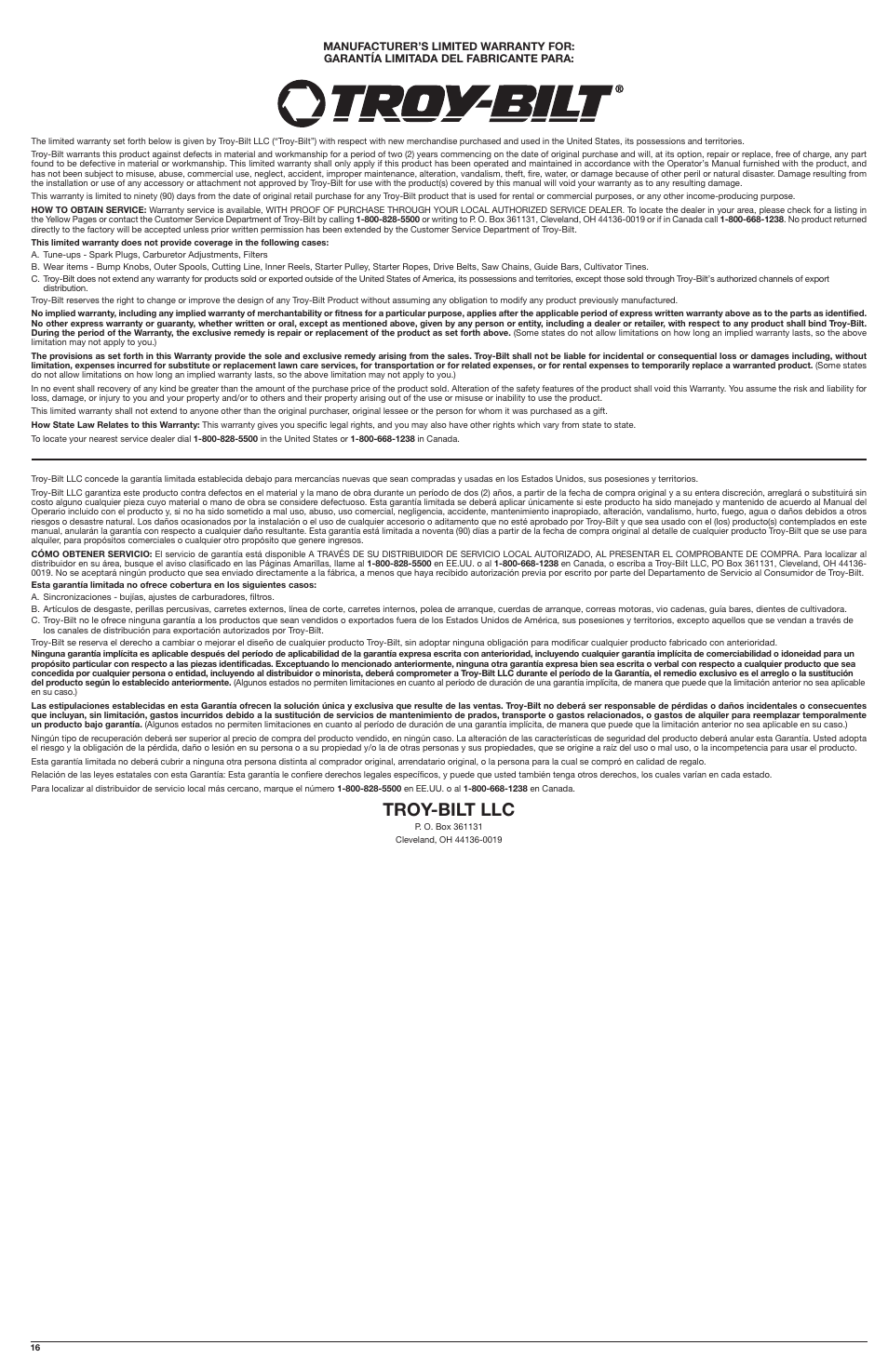 Troy-bilt llc | Troy-Bilt TB22 EC User Manual | Page 16 / 16
