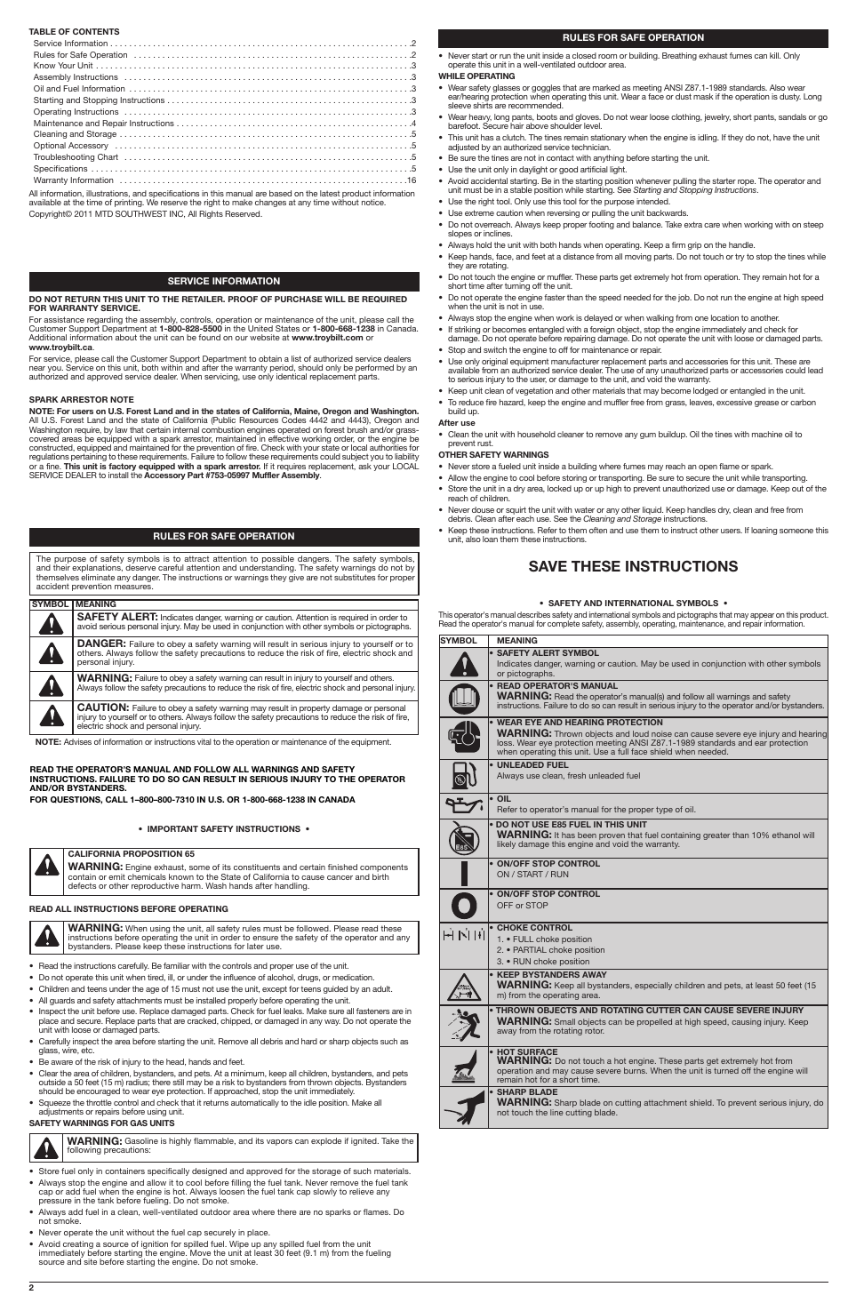 Save these instructions | Troy-Bilt TB22 EC User Manual | Page 2 / 16