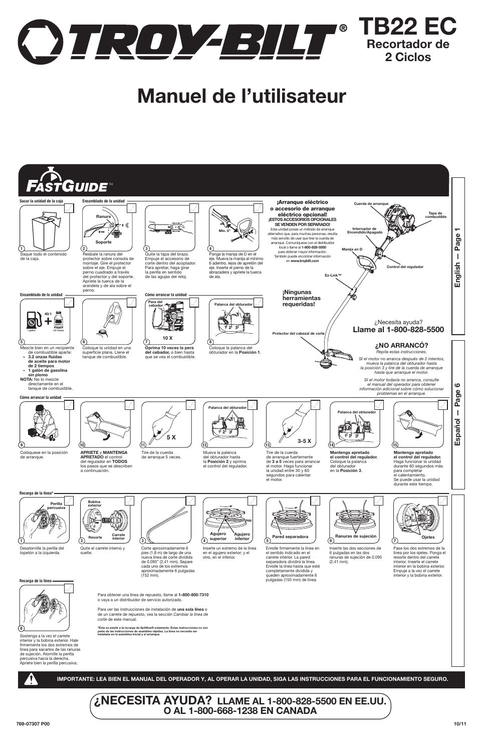 Tb22 ec, Manuel de l’utilisateur, Recortador de 2 ciclos | Necesita ayuda | Troy-Bilt TB22 EC User Manual | Page 6 / 16