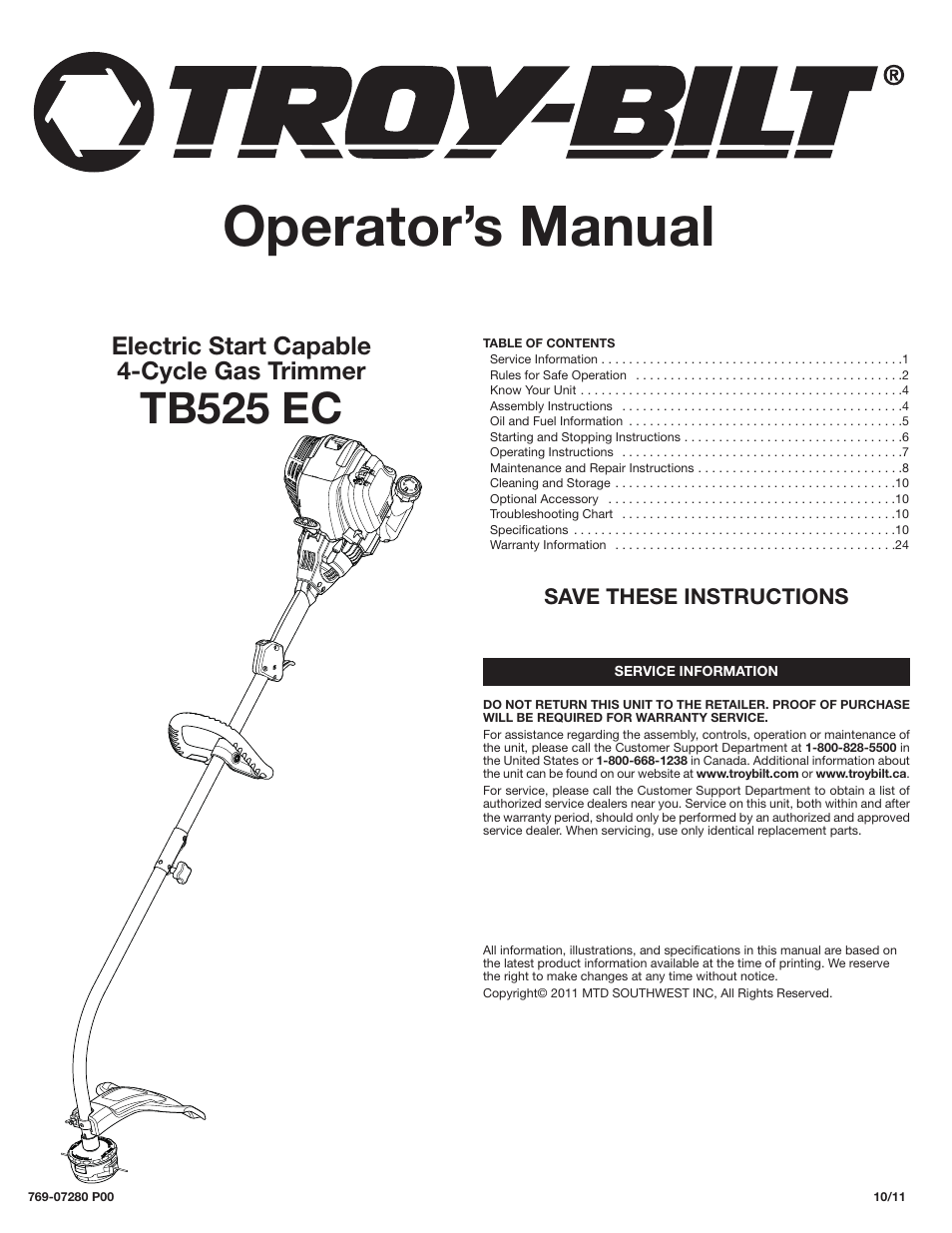 Troy-Bilt 4-Cycle Gas Trimmer TB525 EC User Manual | 24 pages