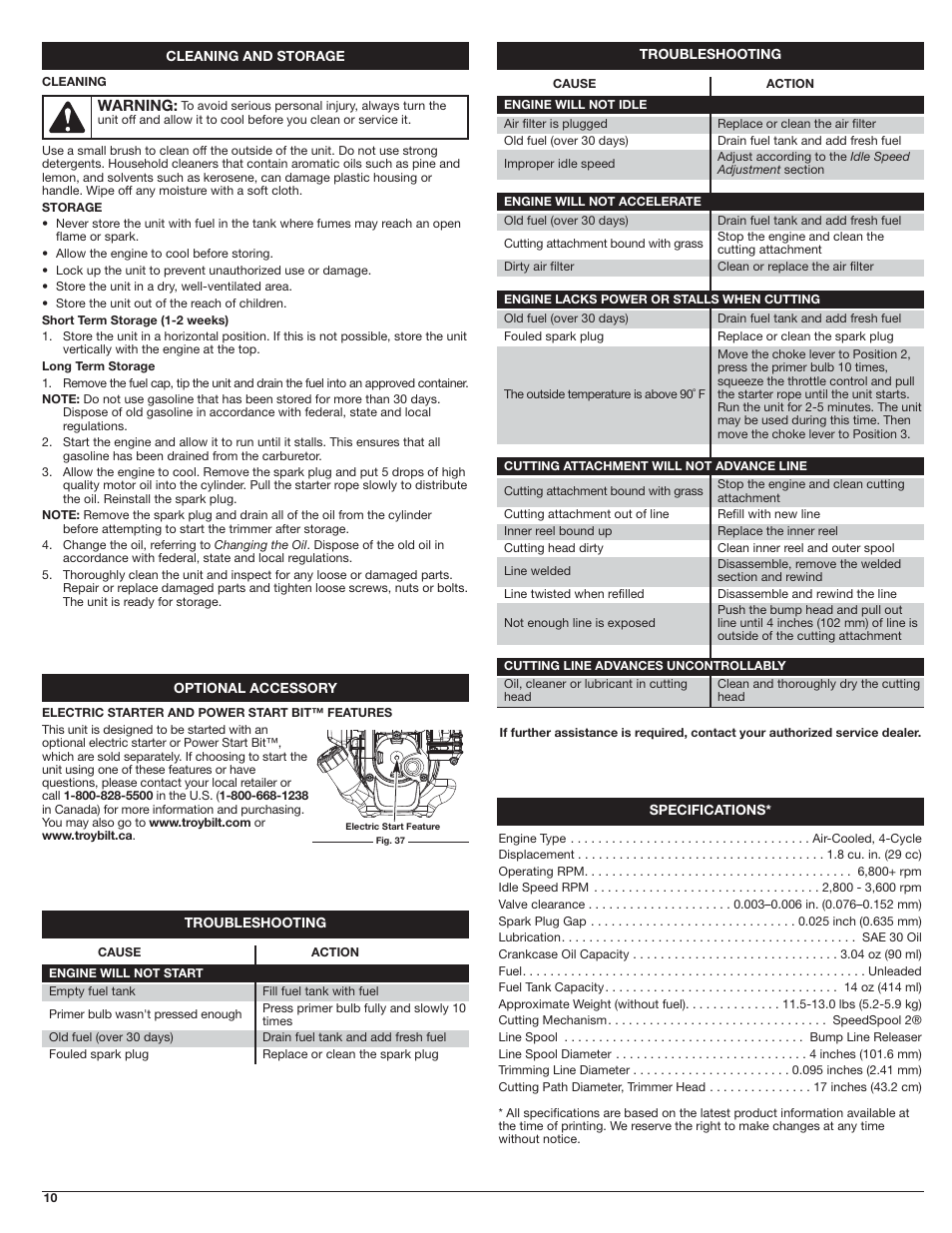 Troy-Bilt 4-Cycle Gas Trimmer TB525 EC User Manual | Page 10 / 24