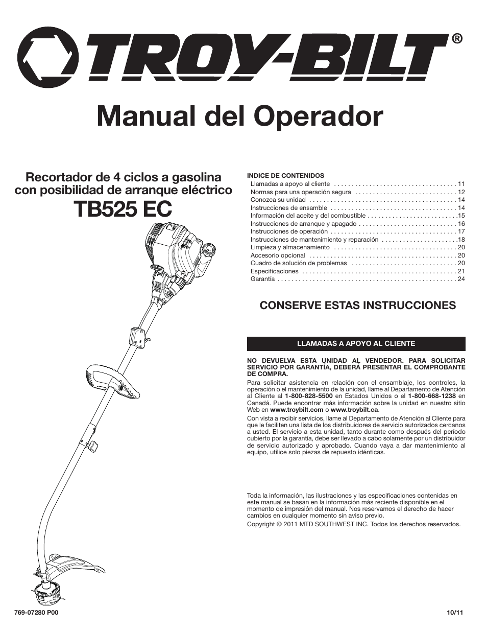 Manual del operador, Tb525 ec | Troy-Bilt 4-Cycle Gas Trimmer TB525 EC User Manual | Page 11 / 24