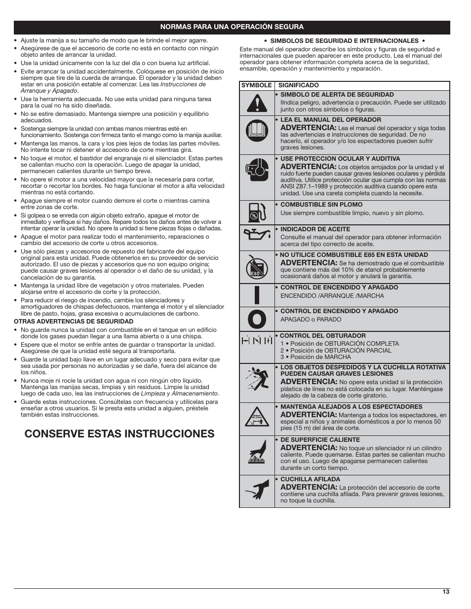 Conserve estas instrucciones | Troy-Bilt 4-Cycle Gas Trimmer TB525 EC User Manual | Page 13 / 24