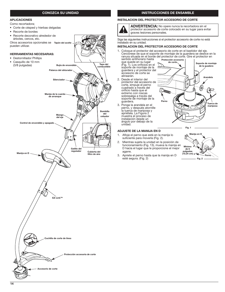 Advertencia, Conozca su unidad, Instrucciones de ensamble | Troy-Bilt 4-Cycle Gas Trimmer TB525 EC User Manual | Page 14 / 24