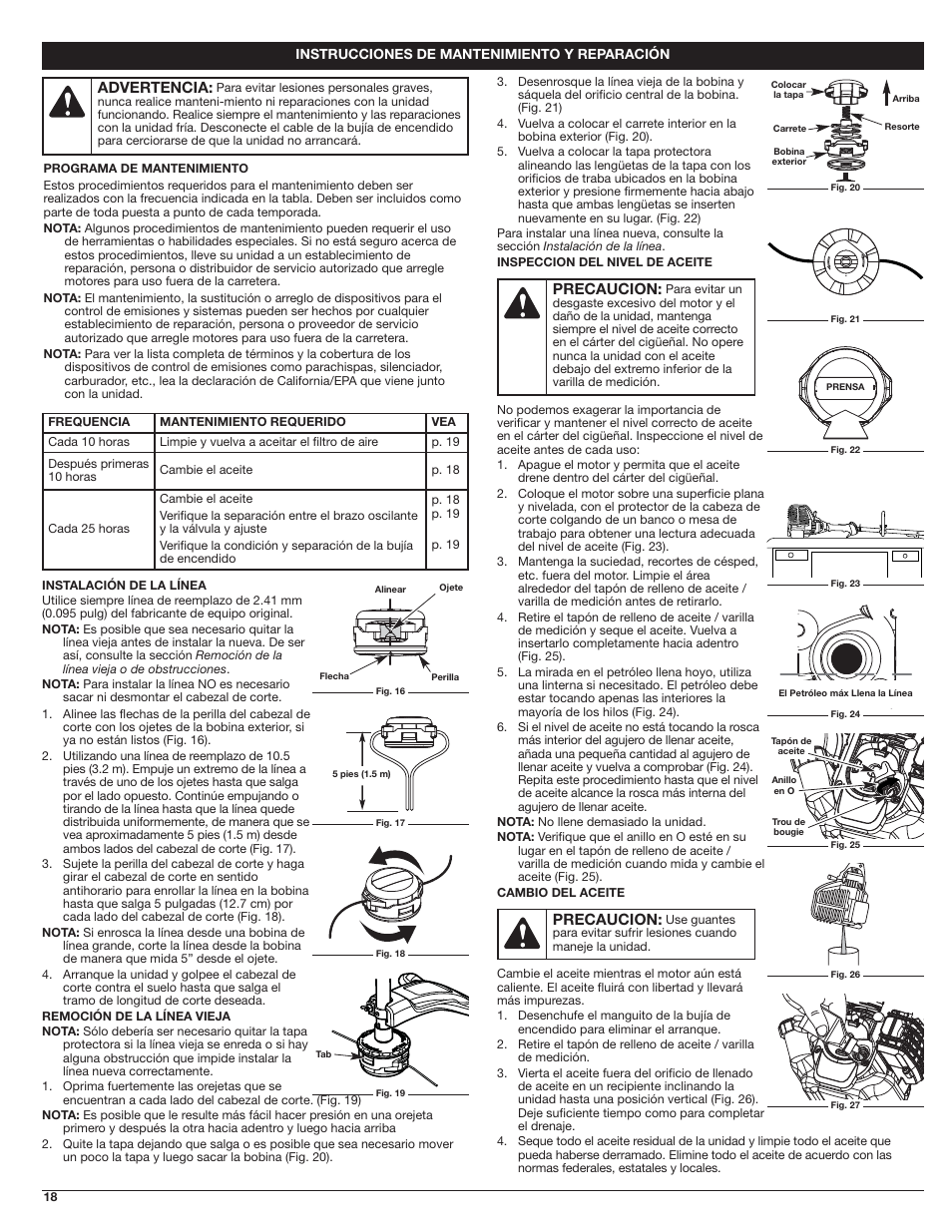 Precaucion, Advertencia | Troy-Bilt 4-Cycle Gas Trimmer TB525 EC User Manual | Page 18 / 24