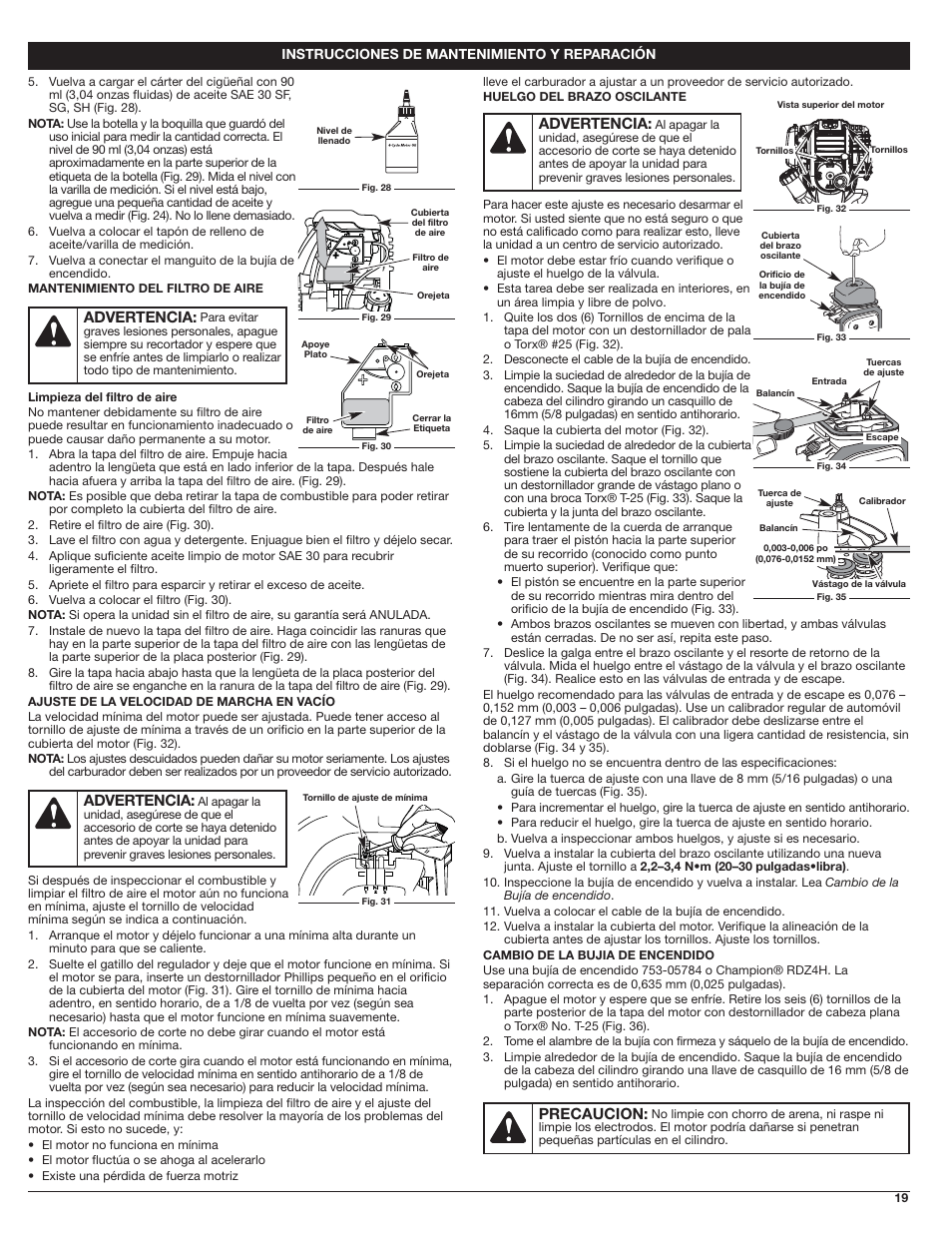 Advertencia, Precaucion | Troy-Bilt 4-Cycle Gas Trimmer TB525 EC User Manual | Page 19 / 24