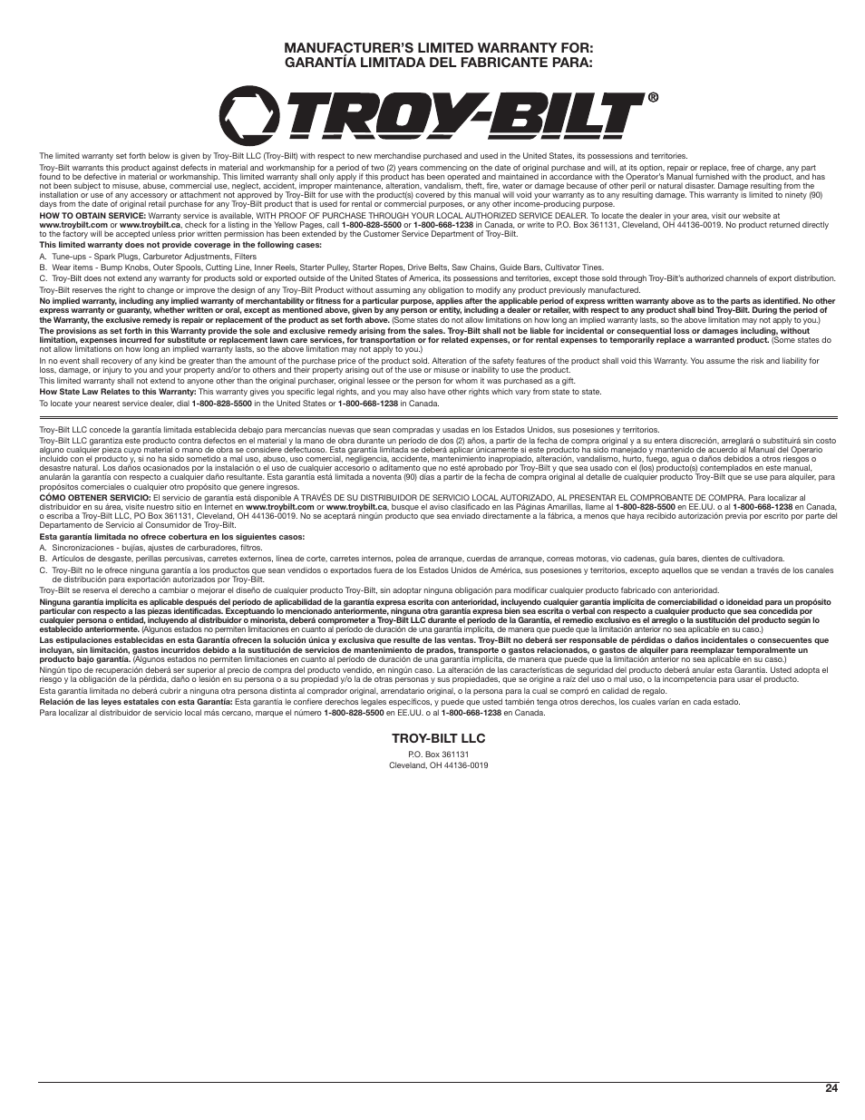 Troy-Bilt 4-Cycle Gas Trimmer TB525 EC User Manual | Page 24 / 24