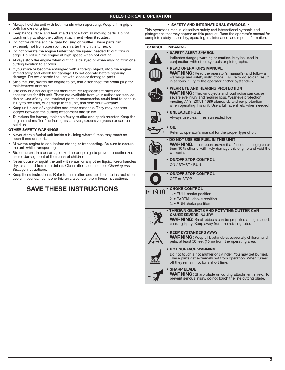 Save these instructions | Troy-Bilt 4-Cycle Gas Trimmer TB525 EC User Manual | Page 3 / 24