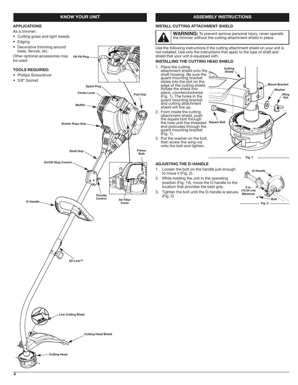 Warning, Know your unit, Assembly instructions | Troy-Bilt 4-Cycle Gas Trimmer TB525 EC User Manual | Page 4 / 24