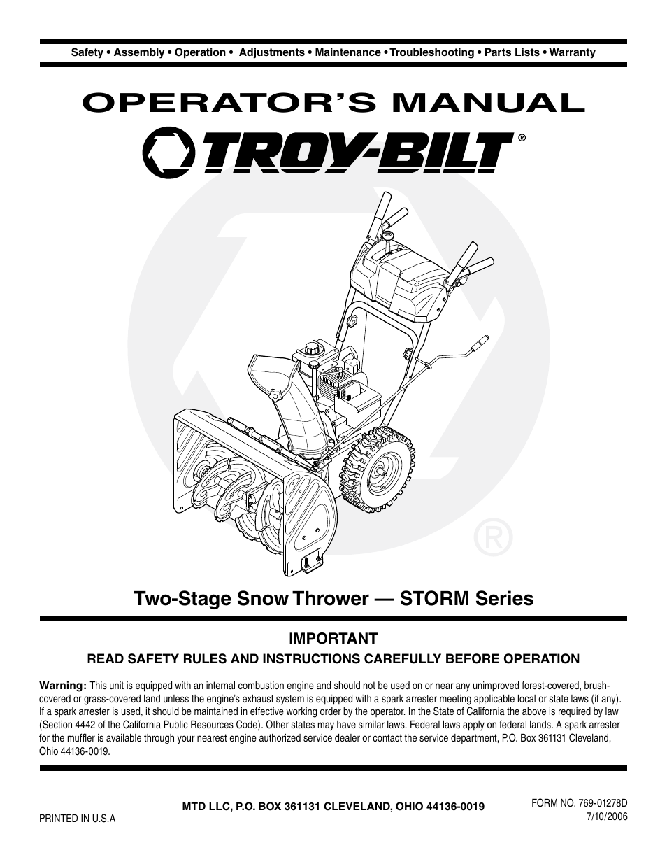 Troy-Bilt STORM Series User Manual | 28 pages