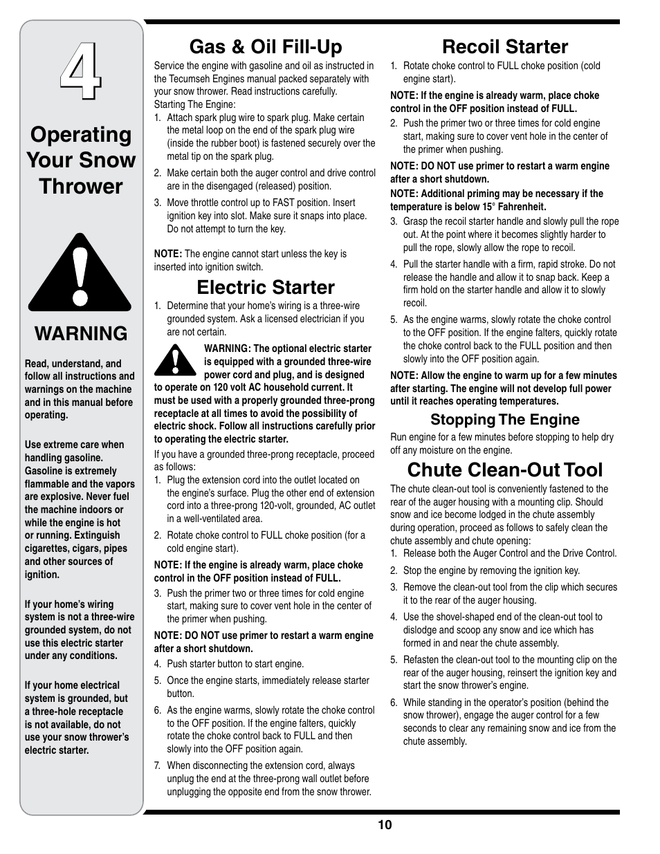 Operating your snow thrower, Gas & oil fill-up, Electric starter | Recoil starter, Chute clean-out tool, Warning | Troy-Bilt STORM Series User Manual | Page 10 / 28