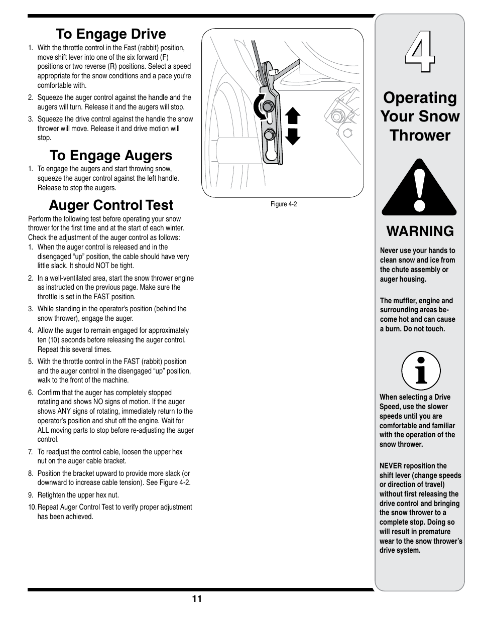 Operating your snow thrower, Auger control test, Warning | Troy-Bilt STORM Series User Manual | Page 11 / 28