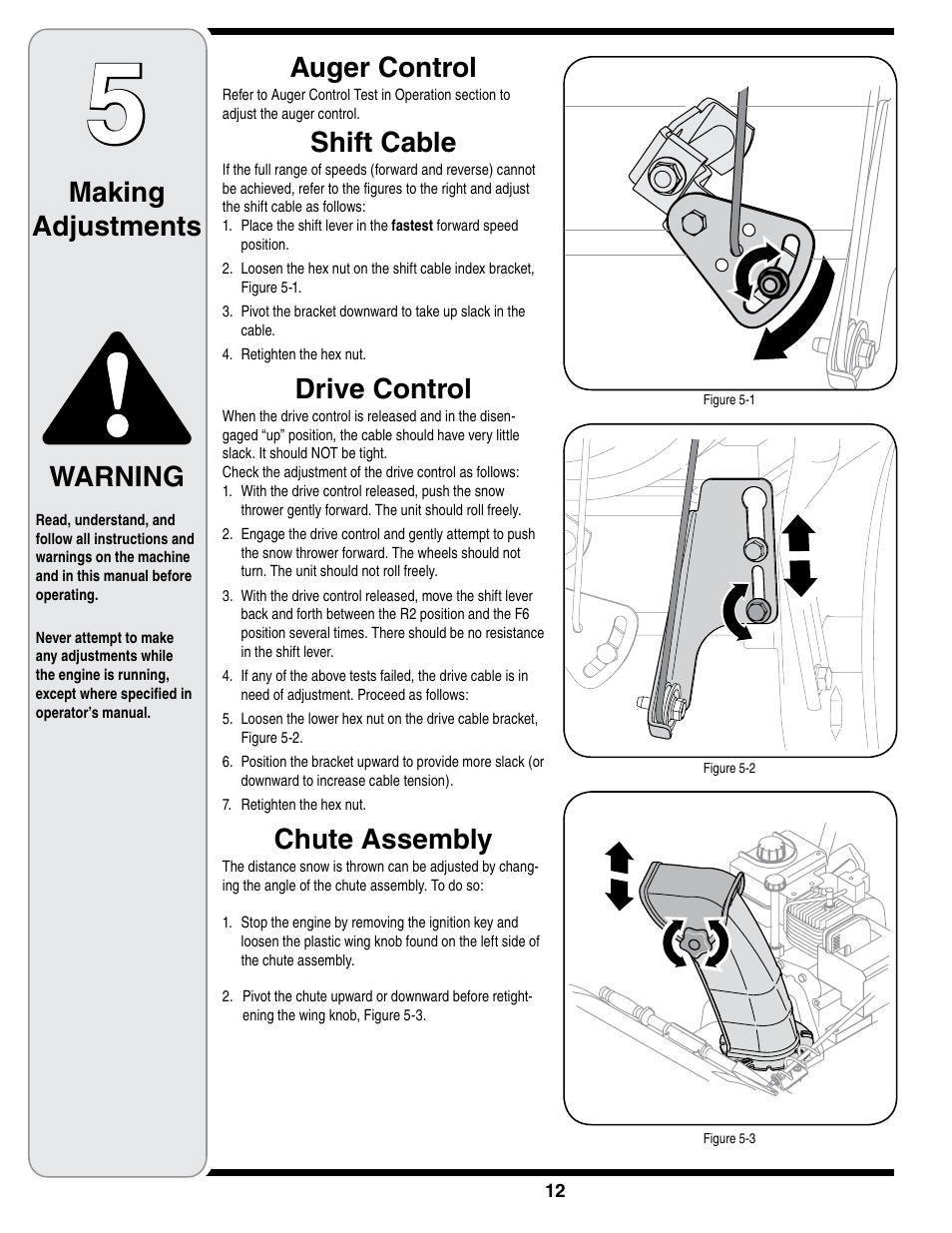 Making adjustments auger control, Shift cable, Drive control | Chute assembly, Warning | Troy-Bilt STORM Series User Manual | Page 12 / 28
