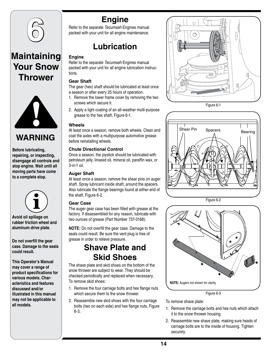 Maintaining your snow thrower, Warning, Engine | Lubrication, Shave plate and skid shoes | Troy-Bilt STORM Series User Manual | Page 14 / 28
