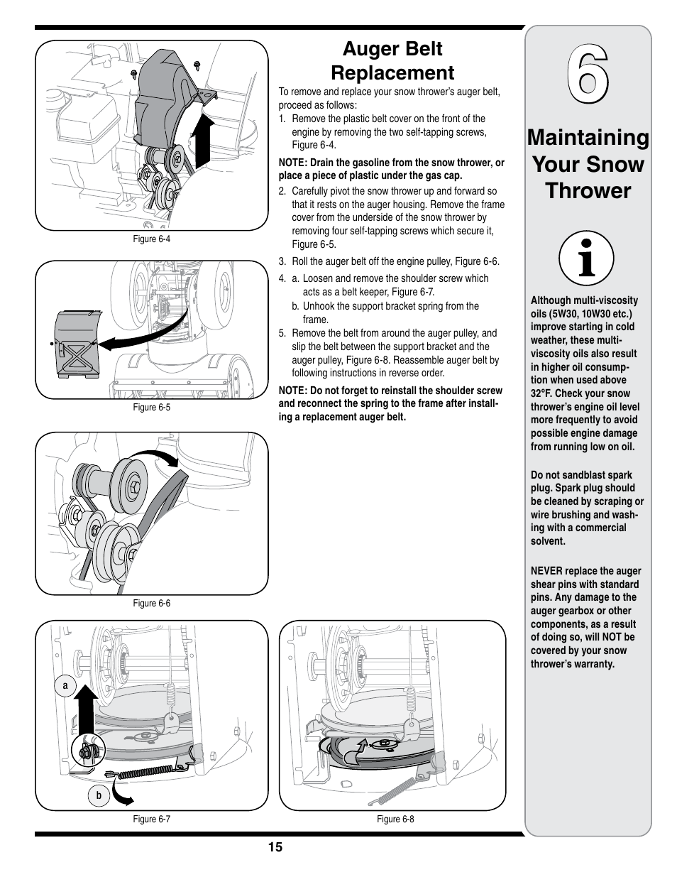 Maintaining your snow thrower, Auger belt replacement | Troy-Bilt STORM Series User Manual | Page 15 / 28
