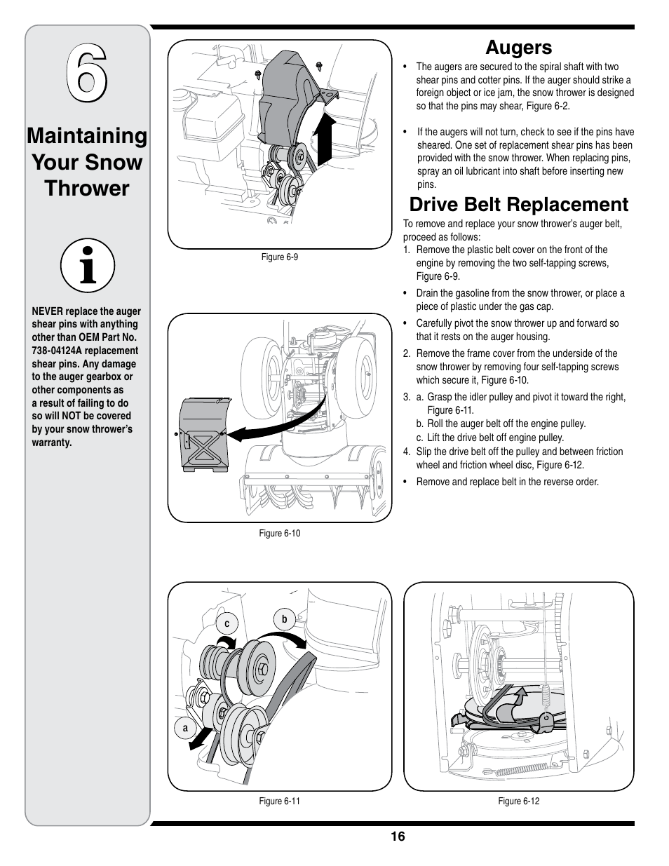 Maintaining your snow thrower, Augers, Drive belt replacement | Troy-Bilt STORM Series User Manual | Page 16 / 28
