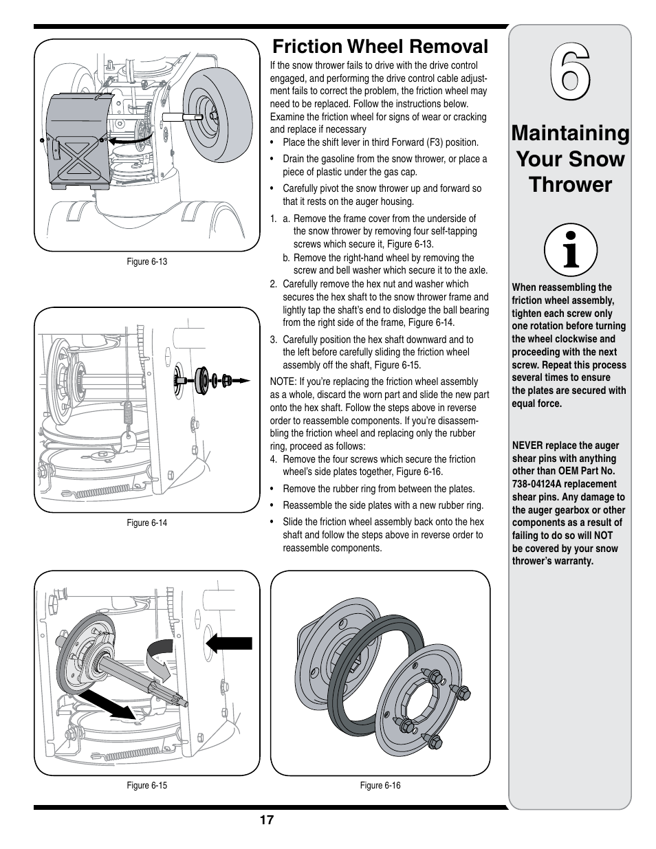 Maintaining your snow thrower, Friction wheel removal | Troy-Bilt STORM Series User Manual | Page 17 / 28