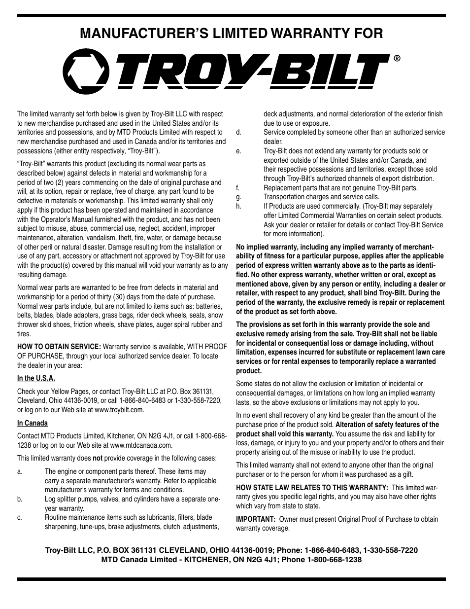 Manufacturer’s limited warranty for | Troy-Bilt STORM Series User Manual | Page 28 / 28