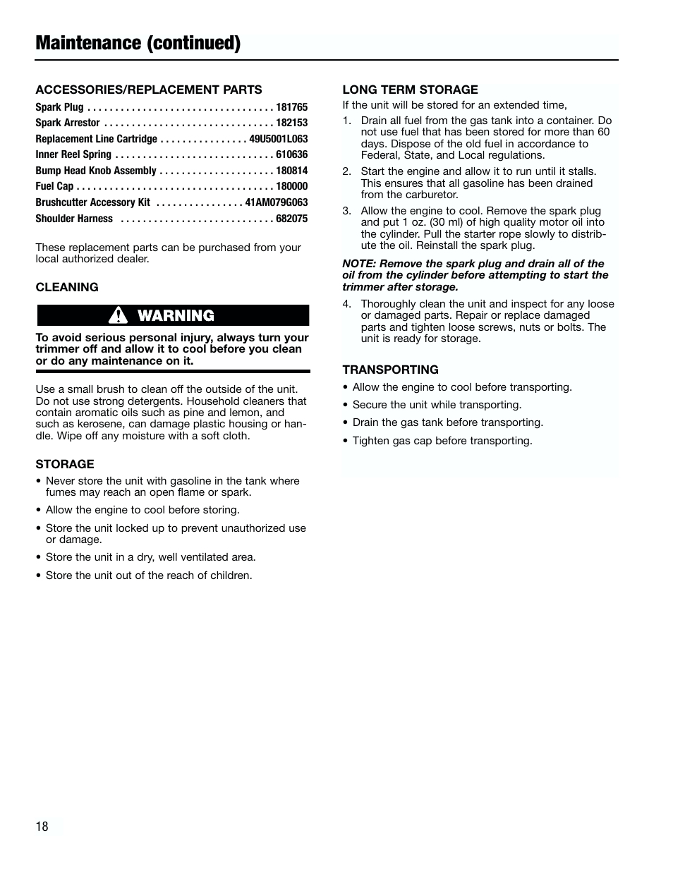 Maintenance (continued) | Troy-Bilt TB3000 User Manual | Page 18 / 22