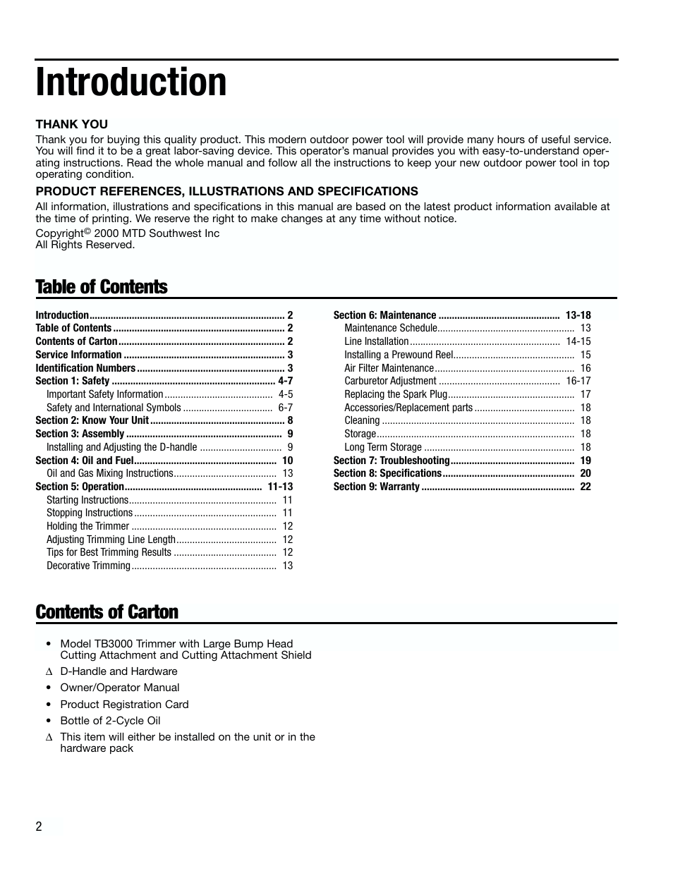 Introduction, Table of contents contents of carton | Troy-Bilt TB3000 User Manual | Page 2 / 22